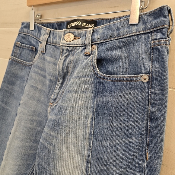 {4R} EXPRESS Original Girlfriend Two Toned Blue Denim Jeans Raw Hem - Picture 6 of 13